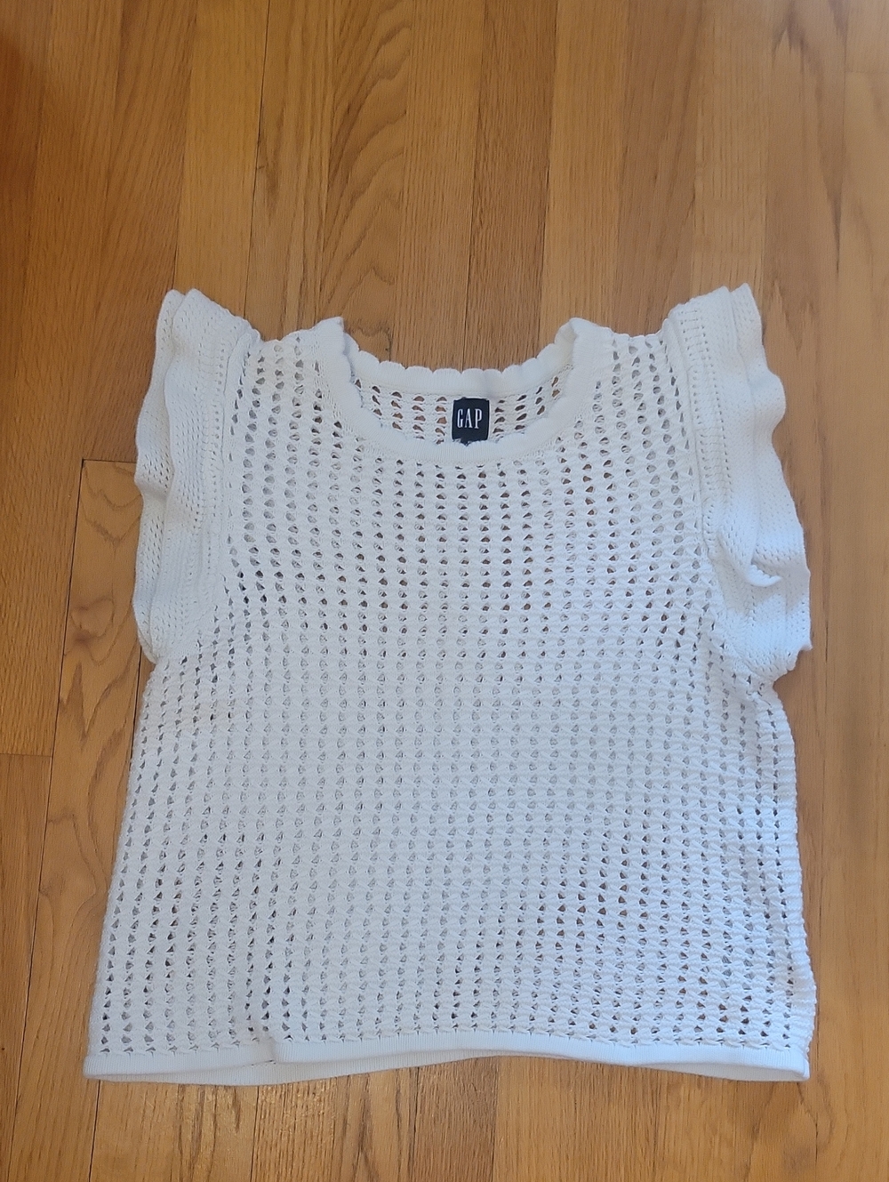 GAP XL Tall White Crochet Knit Flutter-Sleeve Crewneck Sweater